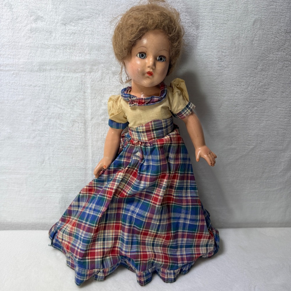 Ugly Vintage Composition Doll Plaid Skirt Sleep Eyes Blonde Mohair 1940s Dutch